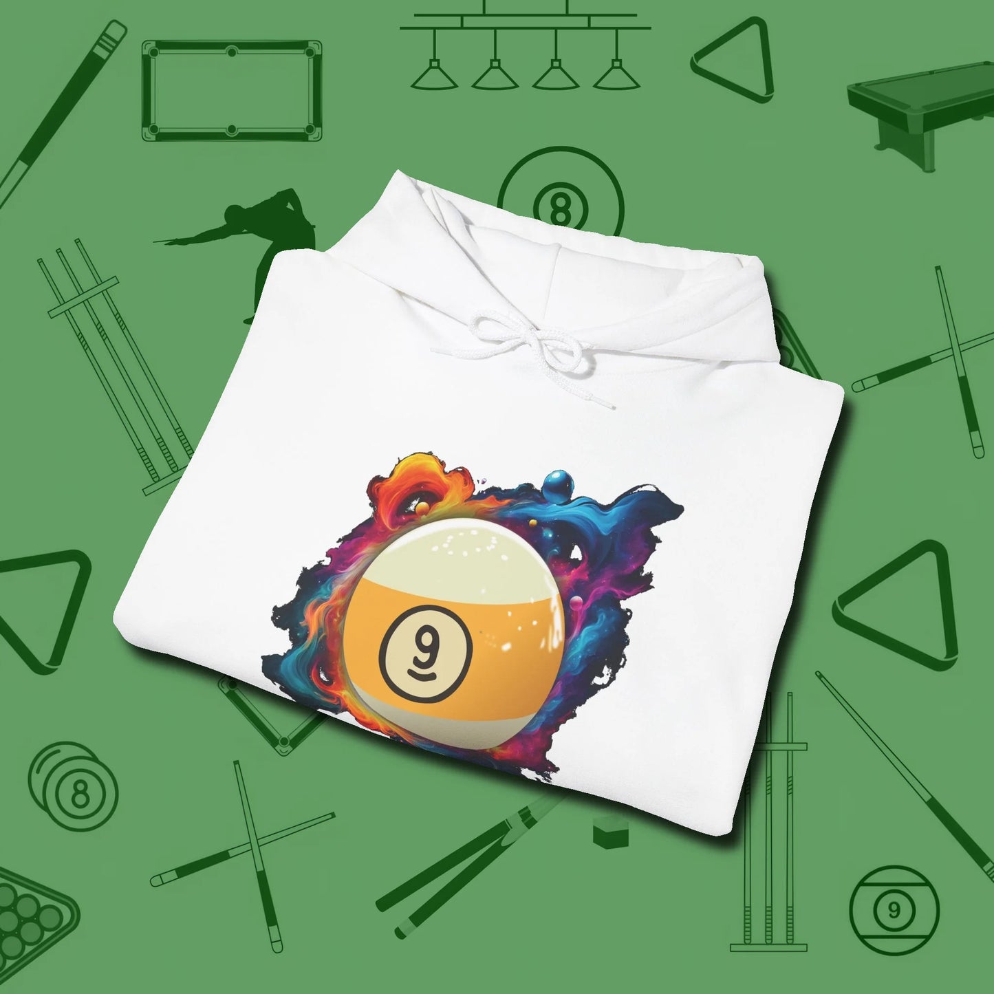 Nine Ball Cosmic Swirl Hoodie, folded view, in White as serious as your stroke