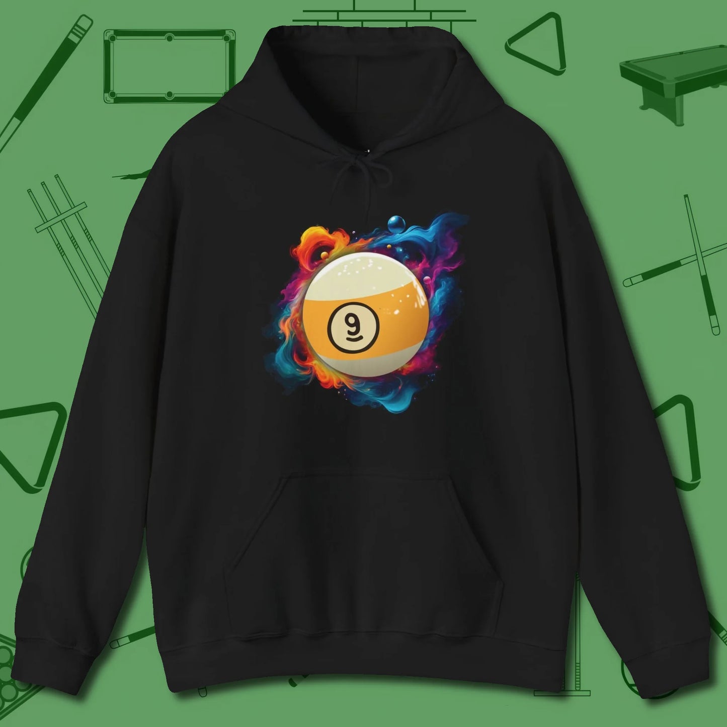 Nine Ball Cosmic Swirl Hoodie, front view, in Black table-tested, street-approved style