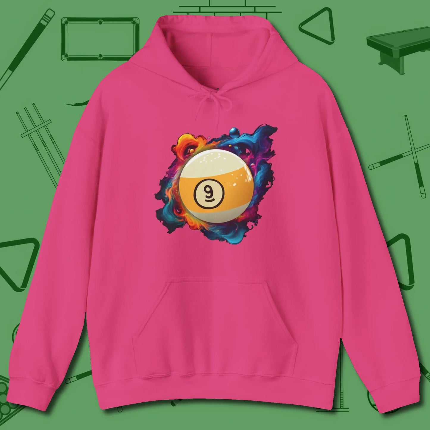 Nine Ball Cosmic Swirl Hoodie, front view, in Heliconia like your stroke — smooth and deliberate