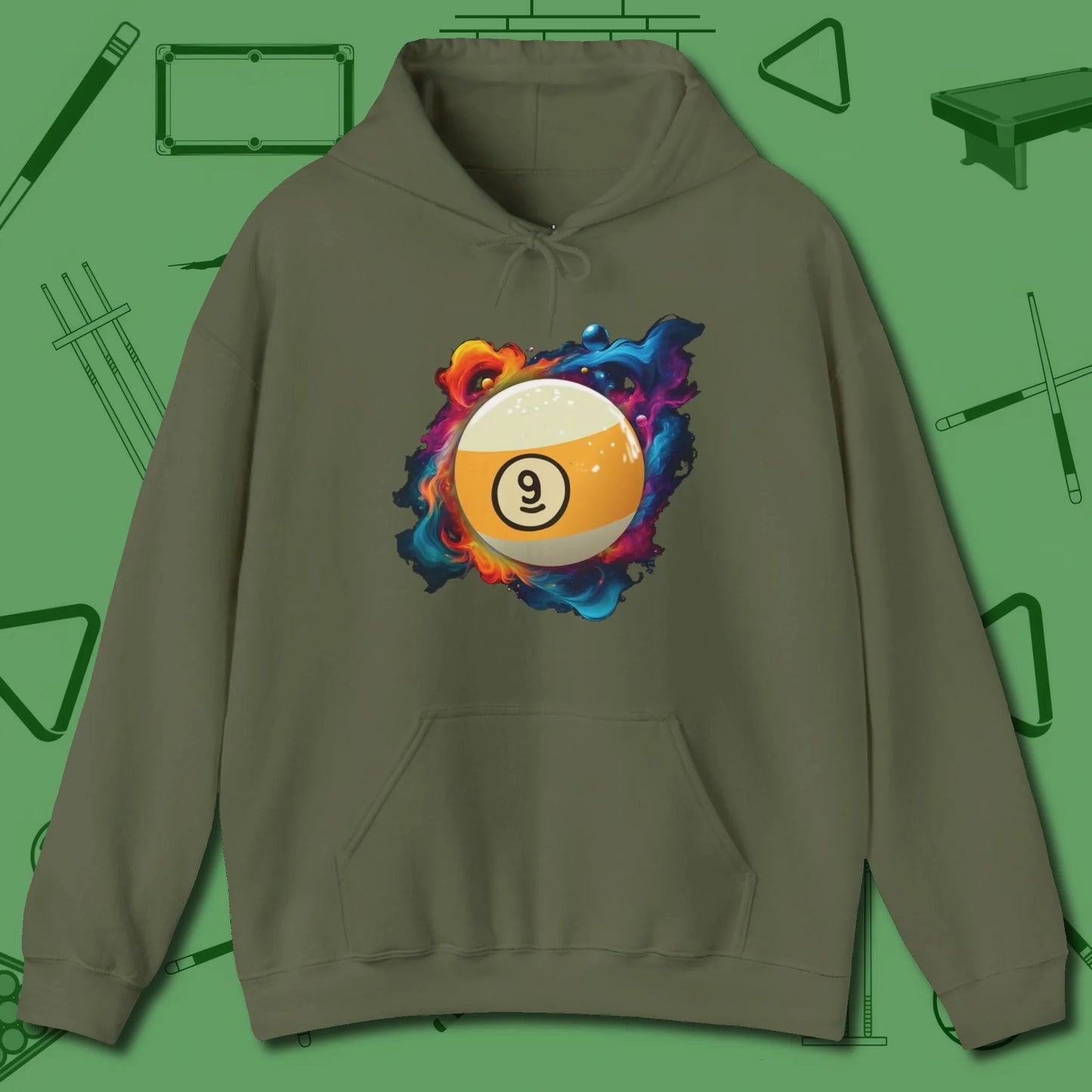 Nine Ball Cosmic Swirl Hoodie, front view, in Military Green because the table is your battlefield