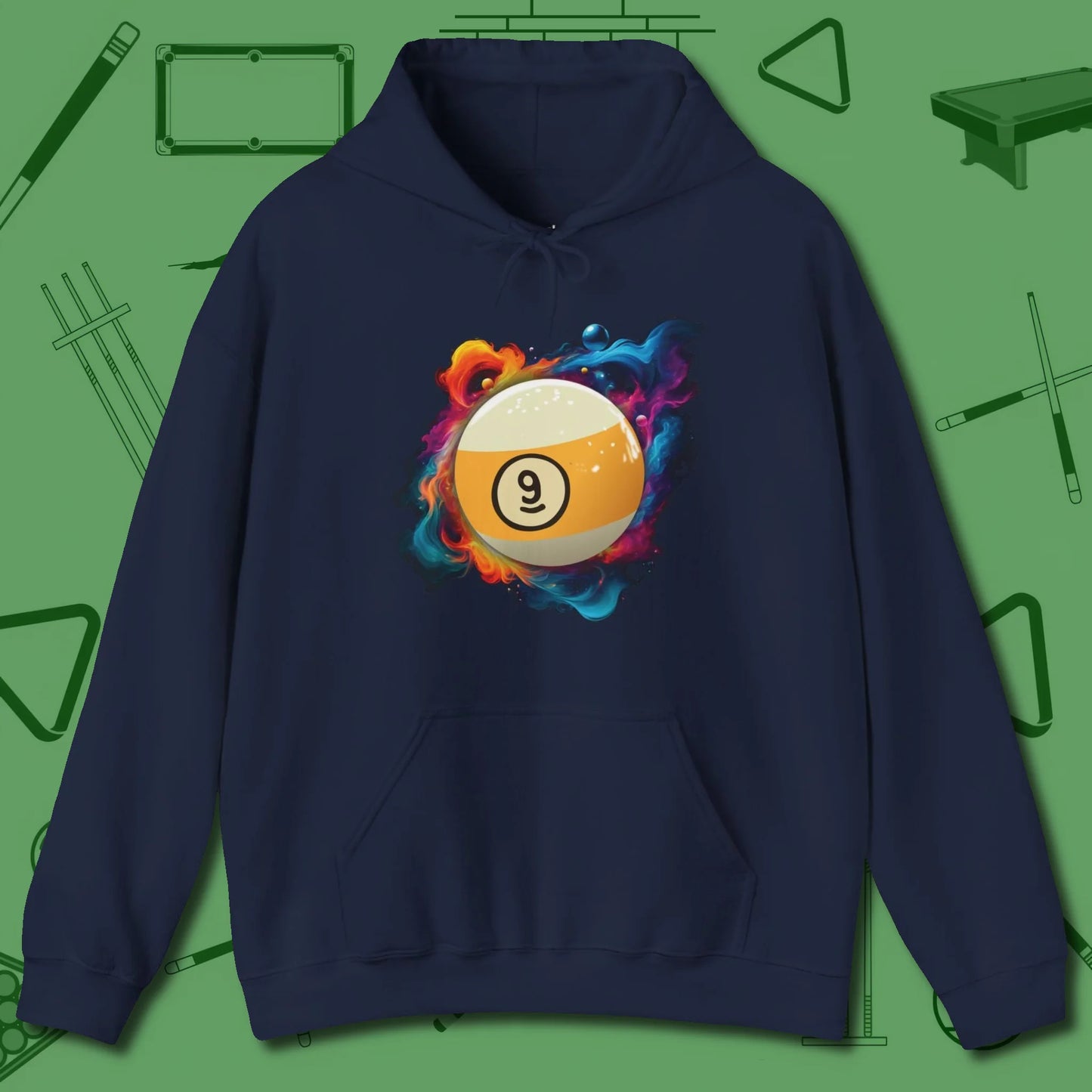 Nine Ball Cosmic Swirl Hoodie, front view, in Navy designed for dead stroke and deadpan looks