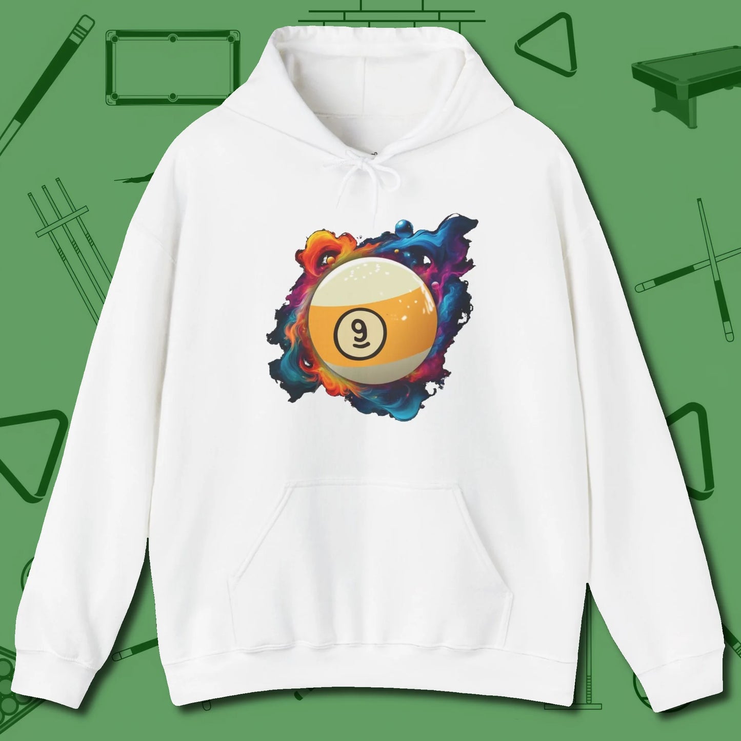 Nine Ball Cosmic Swirl Hoodie, front view, in White an extension of your pool persona