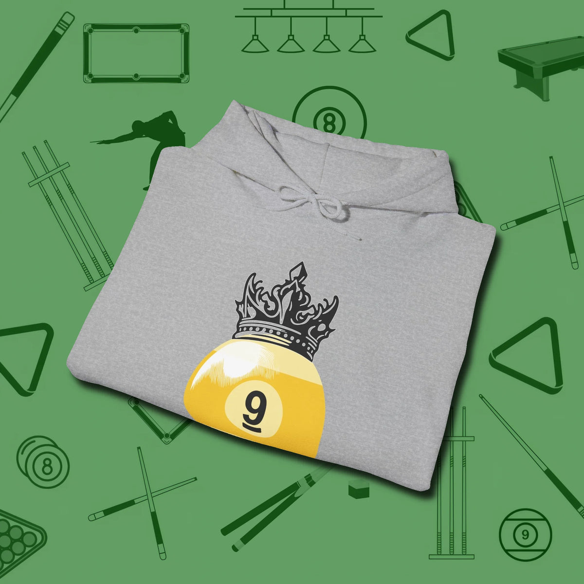 Nine Ball Crown Hoodie, folded view, in Sport Grey what champions wear between racks