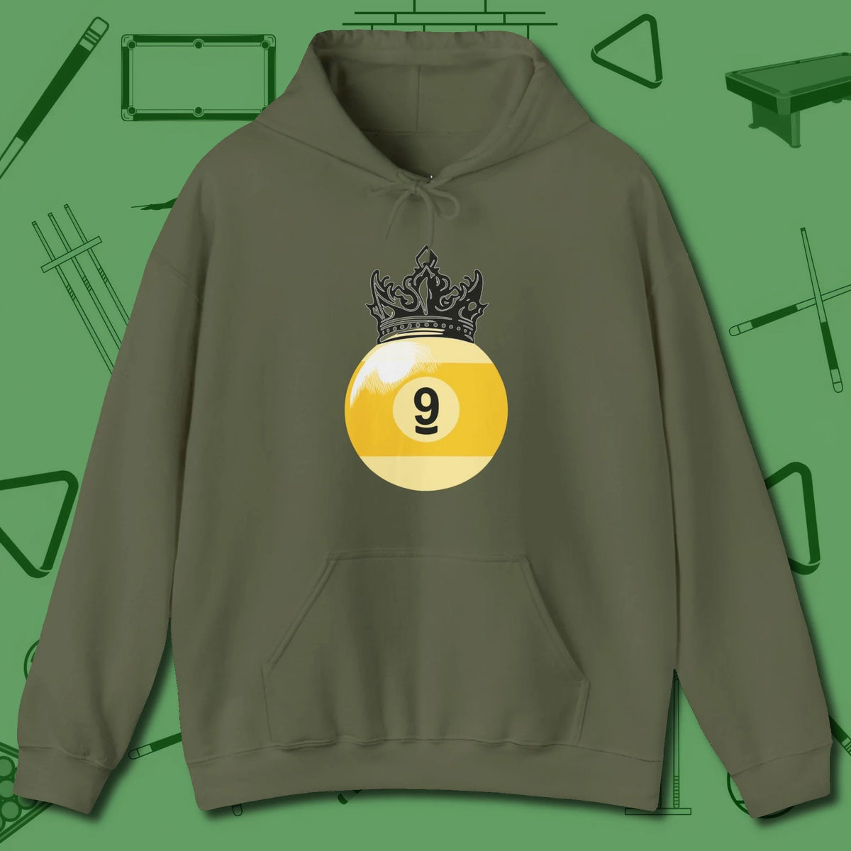 Nine Ball Crown Hoodie, front view, in Military Green where style and cue discipline collide