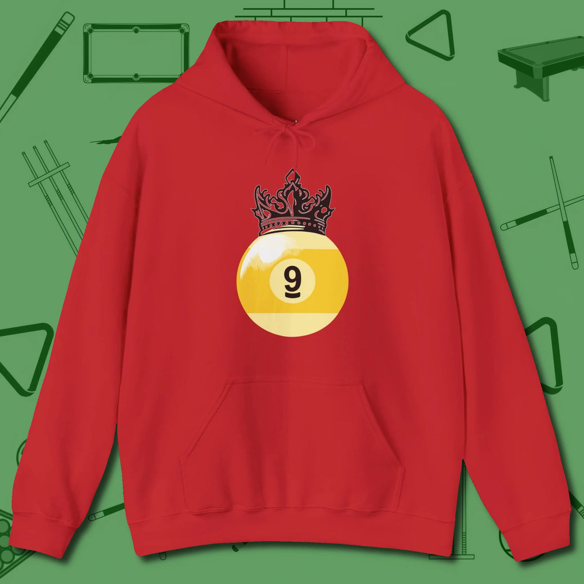 Nine Ball Crown Hoodie, front view, in Red your secret weapon off the table