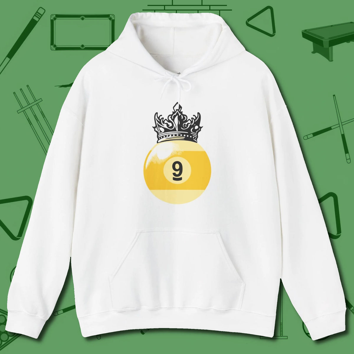 Nine Ball Crown Hoodie, front view, in White fashion with break-and-run energy