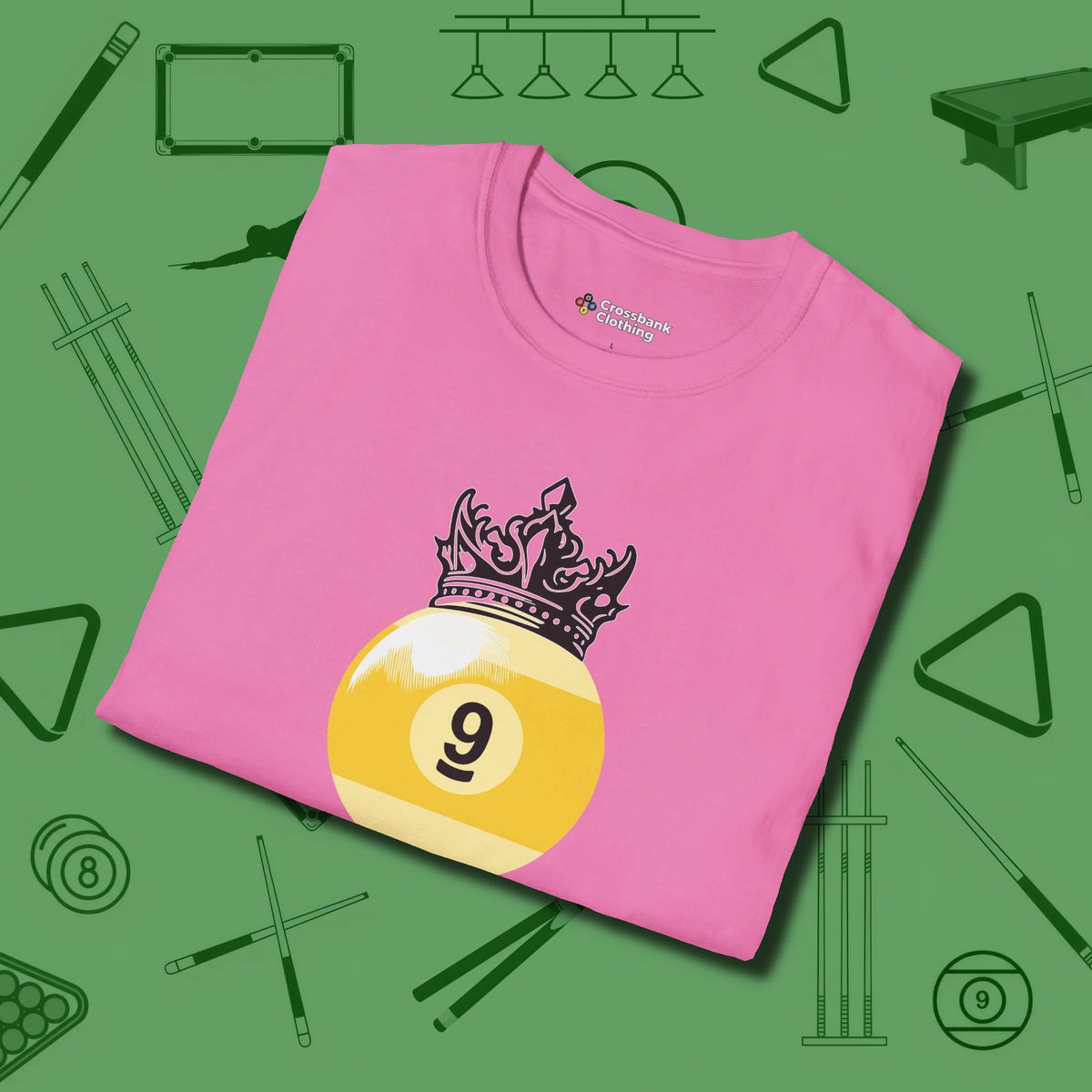 Nine Ball Crown T-Shirt, folded view, in Azalea confidence stitched in every seam