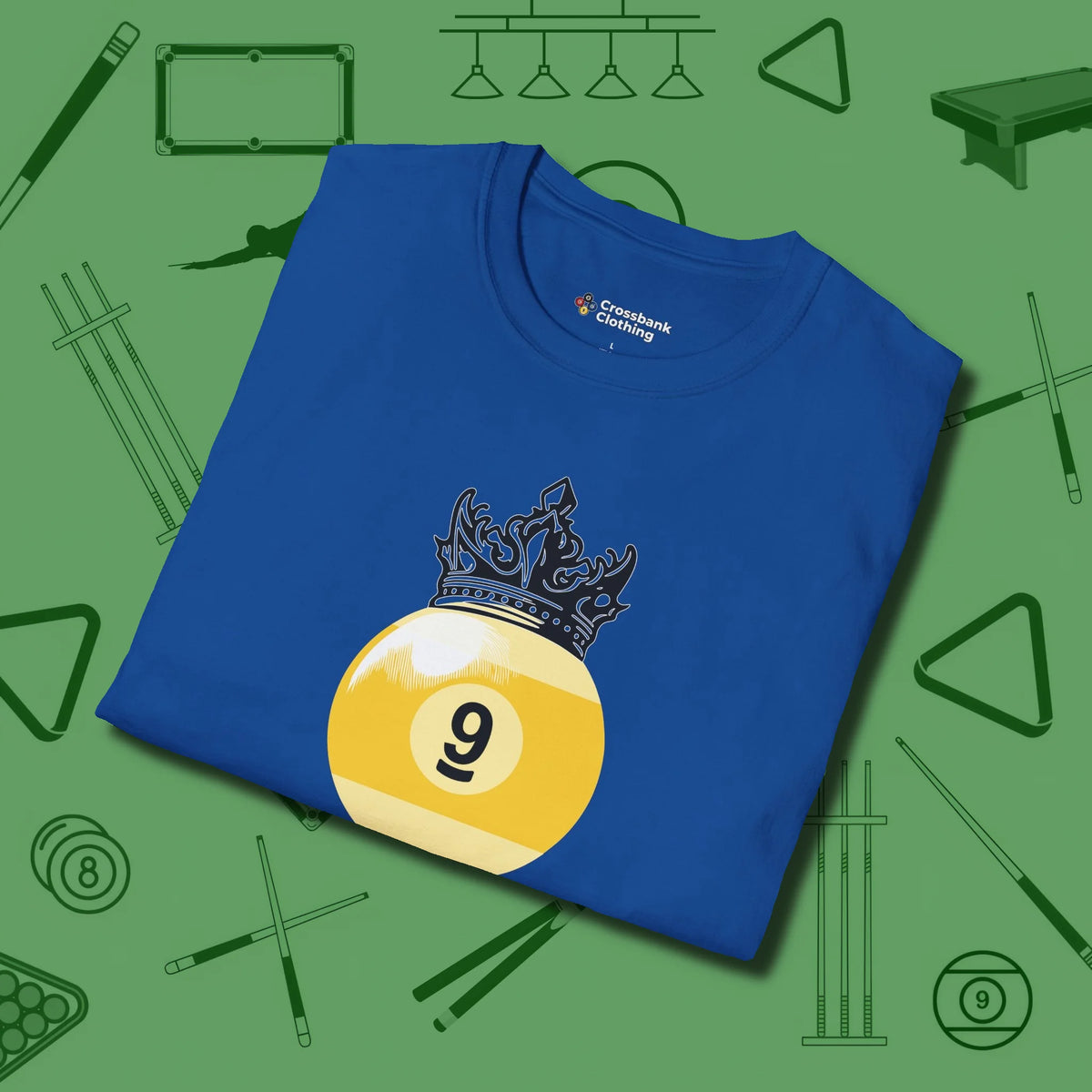 Nine Ball Crown T-Shirt, folded view, in Royal smart apparel for strategic players