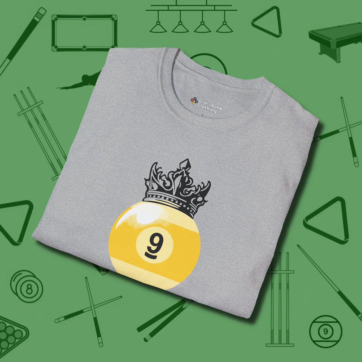 Nine Ball Crown T-Shirt, folded view, in Sport Grey poolroom style with tournament attitude