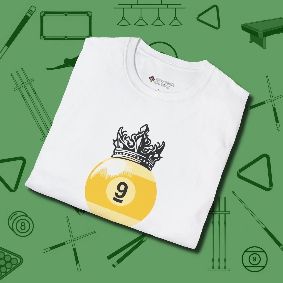 Nine Ball Crown T-Shirt, folded view, in White play in style, win in silence