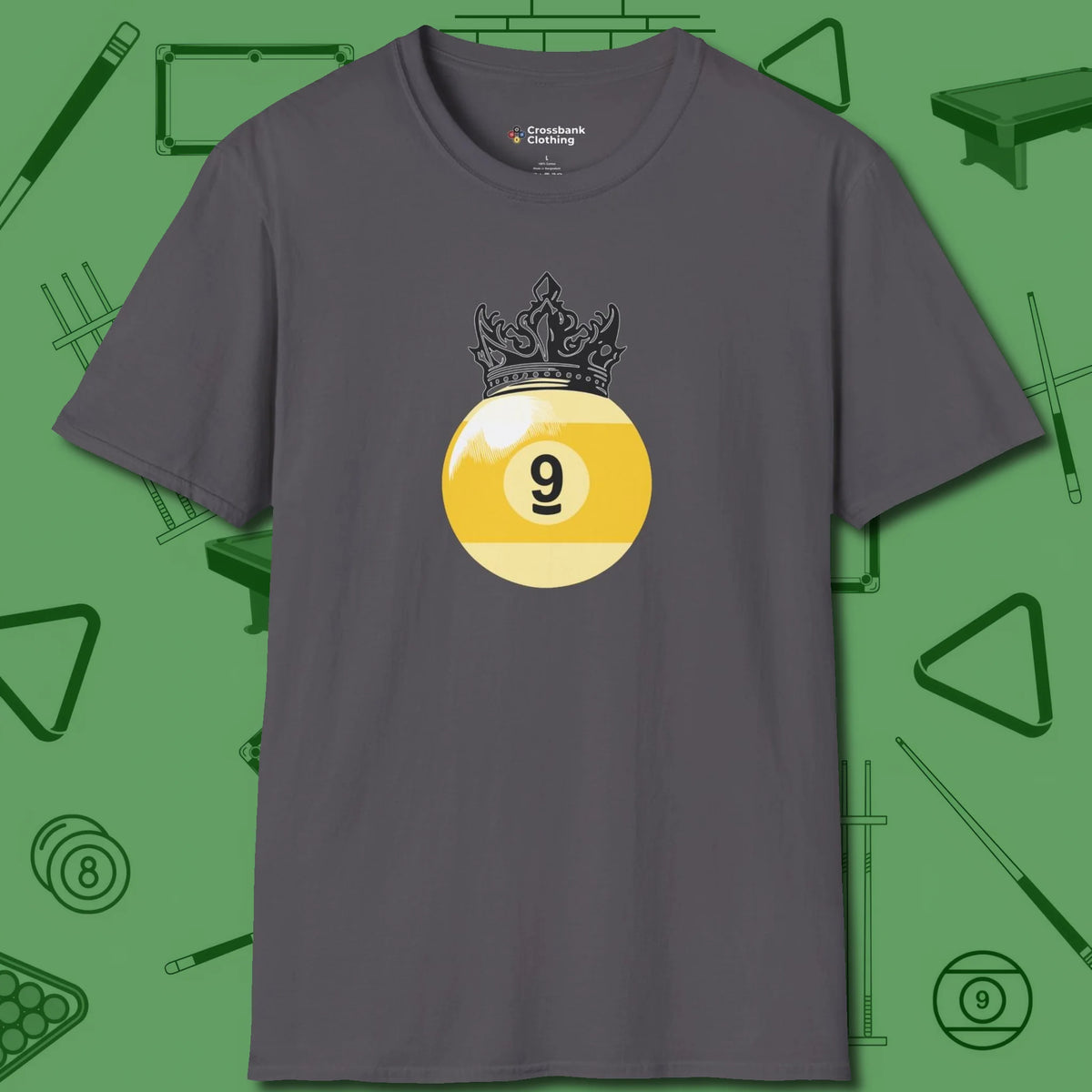 Nine Ball Crown T-Shirt, front view, in Charcoal play in style, win in silence