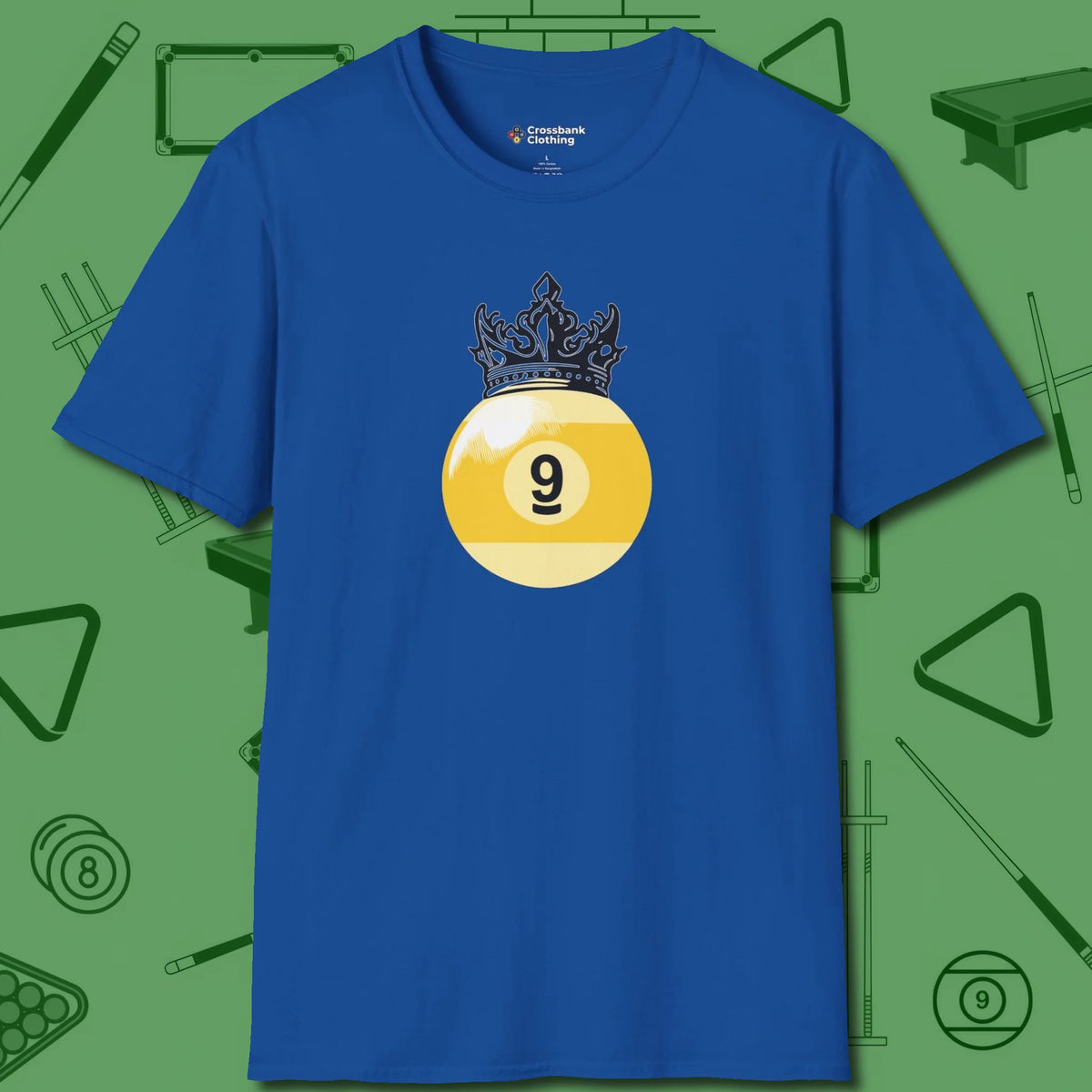 Nine Ball Crown T-Shirt, front view, in Royal because pool isn’t just a game — it’s who you are
