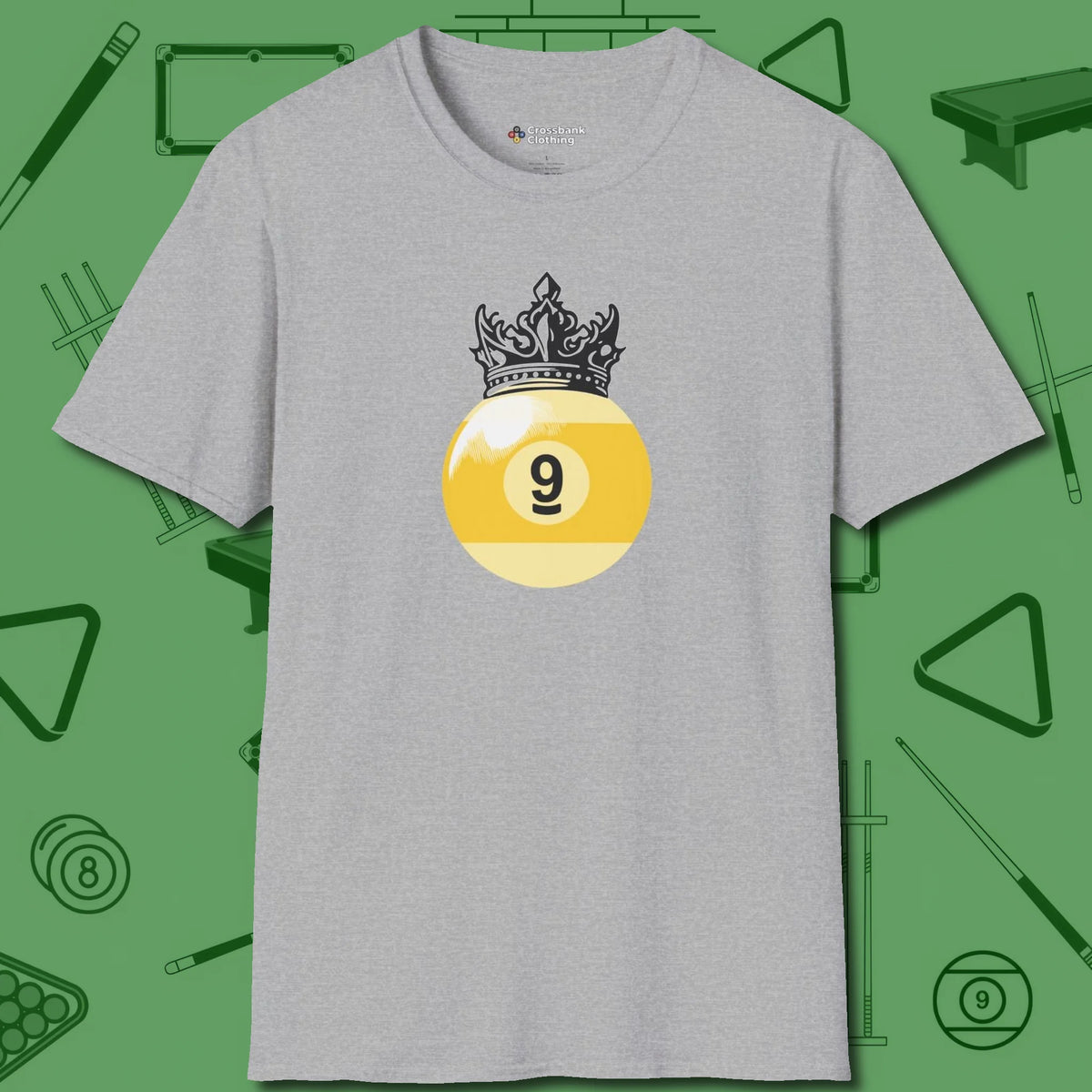 Nine Ball Crown T-Shirt, front view, in Sport Grey where style and cue discipline collide
