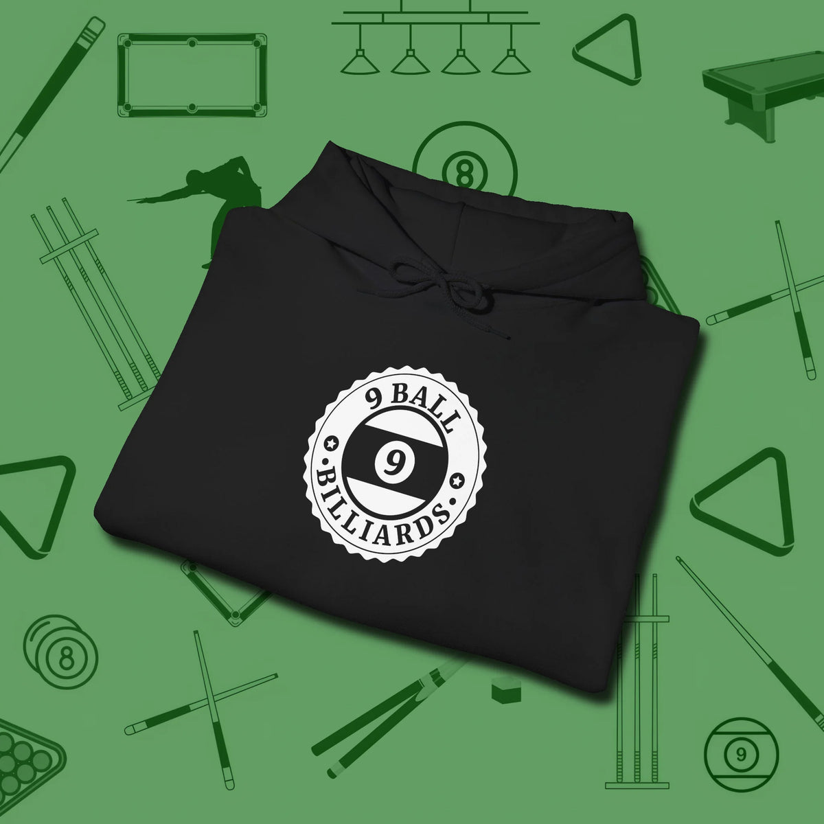 Nine Ball Emblem Hoodie, folded view, in Black clean lines for dirty minds