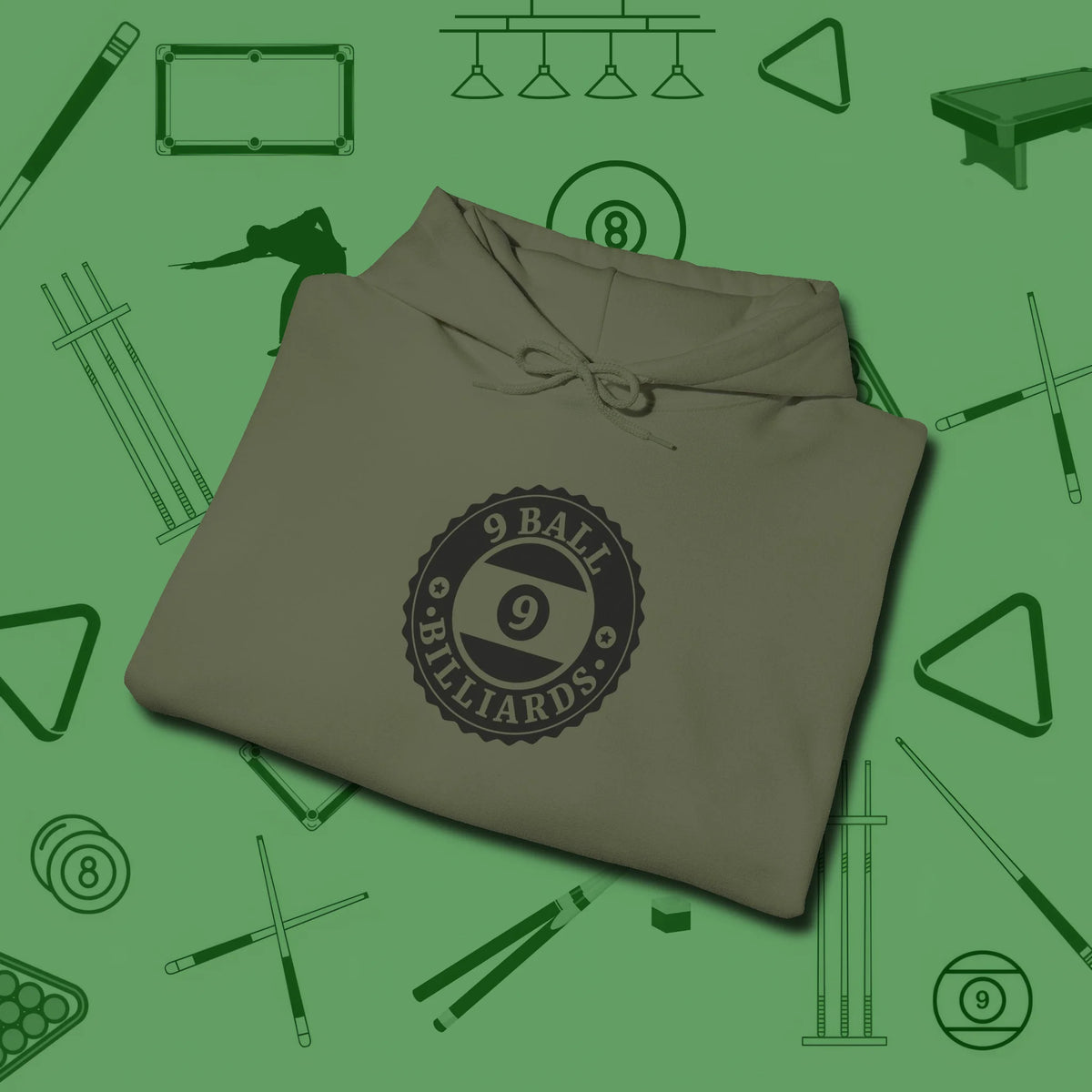 Nine Ball Emblem Hoodie, folded view, in Military Green dress for the shot you want to take