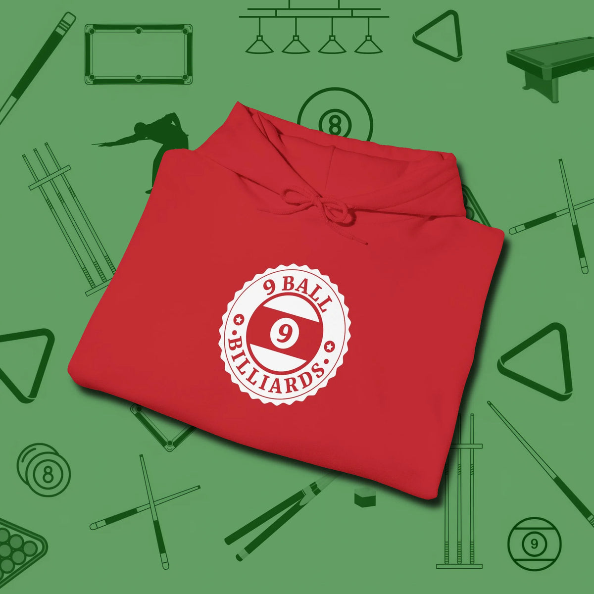 Nine Ball Emblem Hoodie, folded view, in Red because you don’t just play — you represent