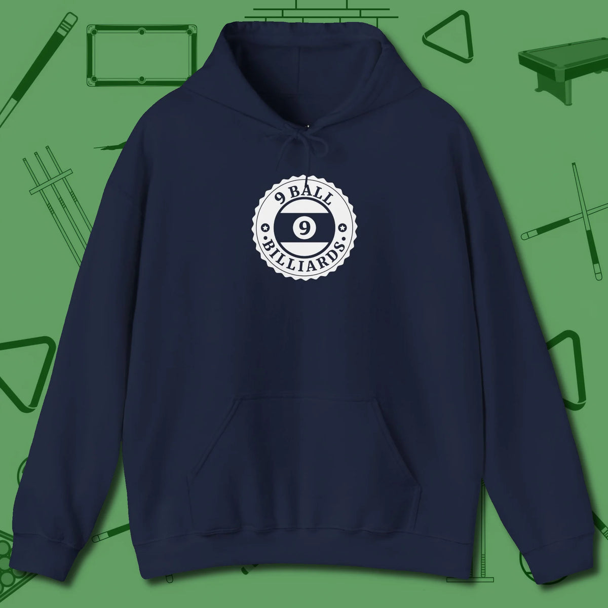 Nine Ball Emblem Hoodie, front view, in Navy as serious as your stroke