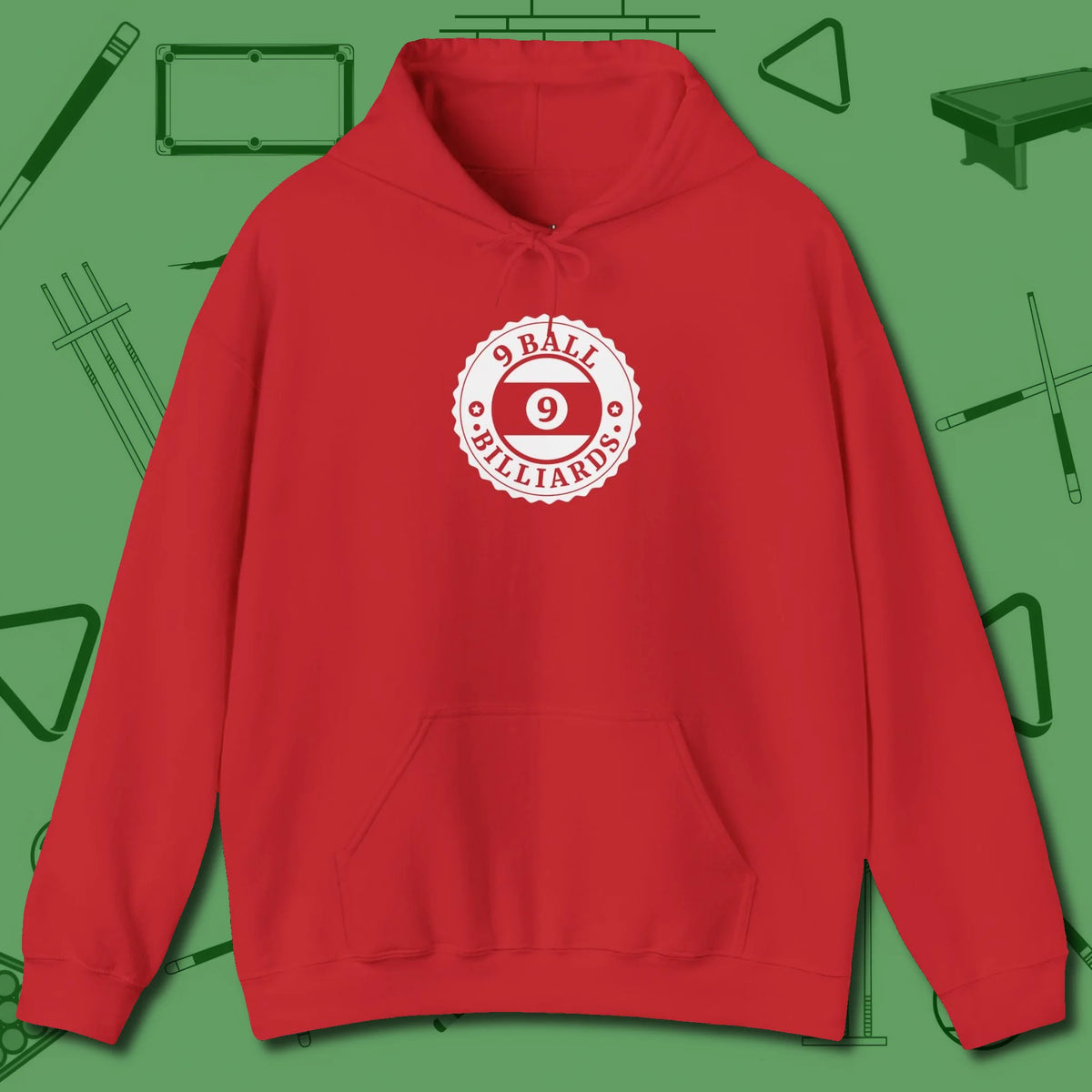Nine Ball Emblem Hoodie, front view, in Red classic cue style, no gimmicks