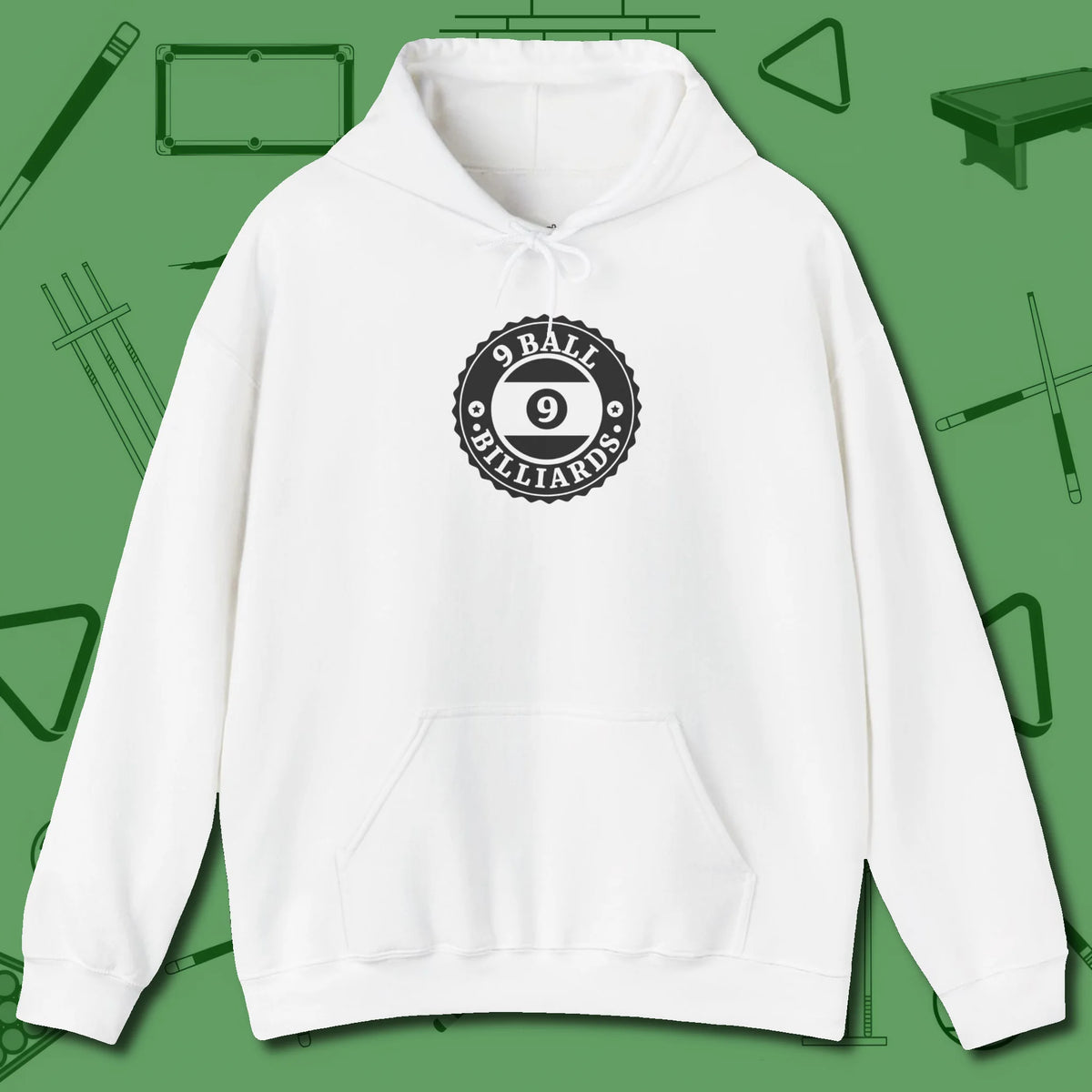 Nine Ball Emblem Hoodie, front view, in White where cue control meets personal style