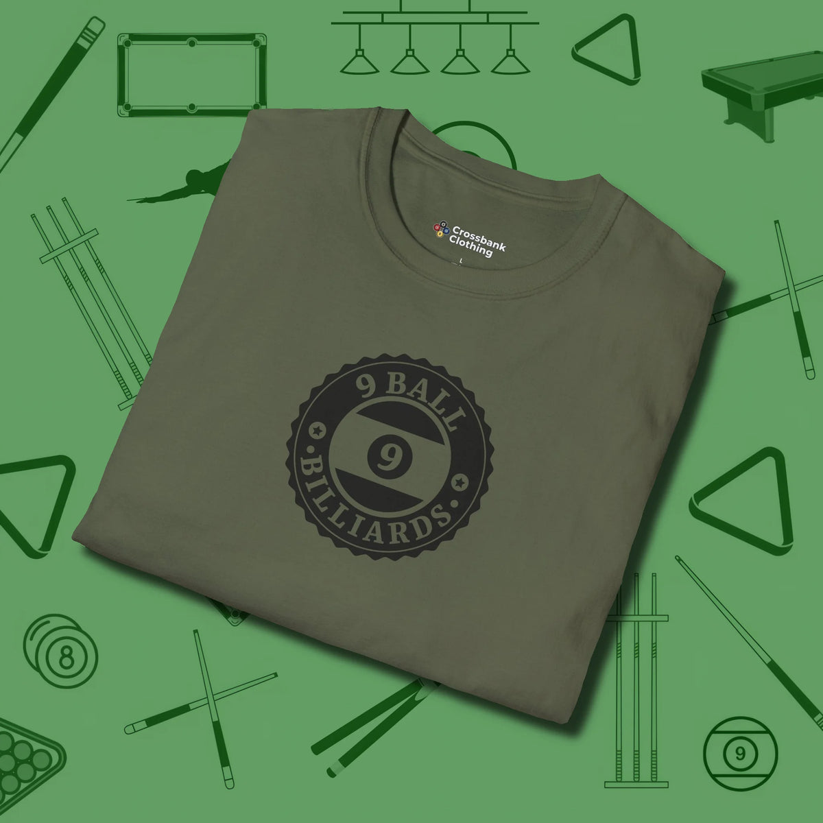 Nine Ball Emblem T-Shirt, folded view, in Military Green table-tested, street-approved style
