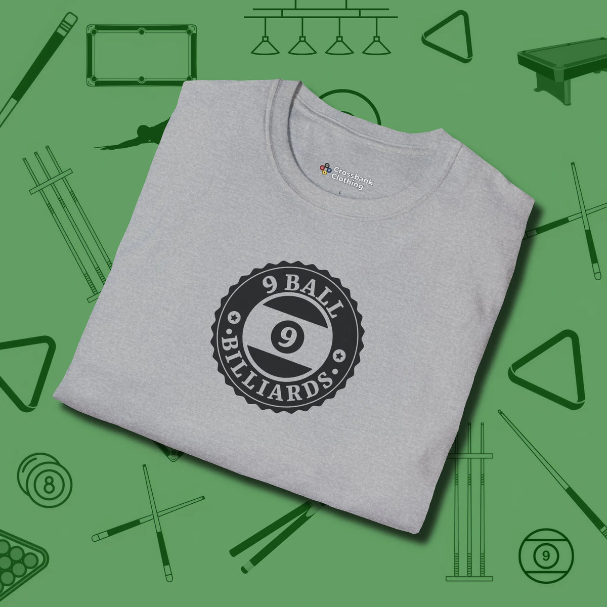 Nine Ball Emblem T-Shirt, folded view, in Sport Grey not your average 8-ball graphic tee