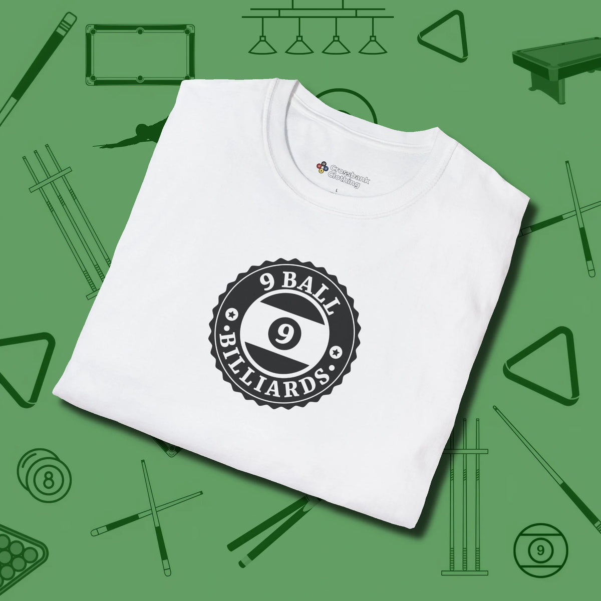 Nine Ball Emblem T-Shirt, folded view, in White what the real shooters wear