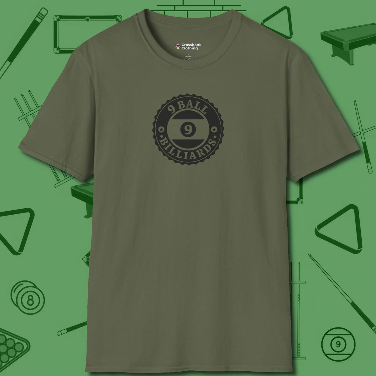 Nine Ball Emblem T-Shirt, front view, in Military Green fashion with break-and-run energy