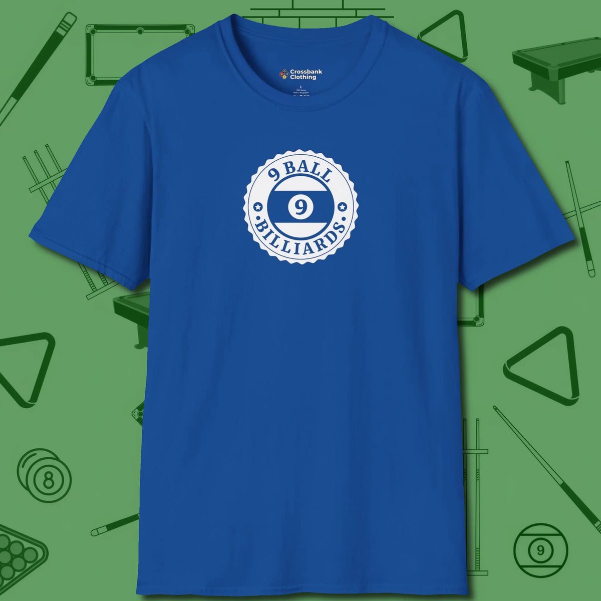 Nine Ball Emblem T-Shirt, front view, in Royal for players who live the game