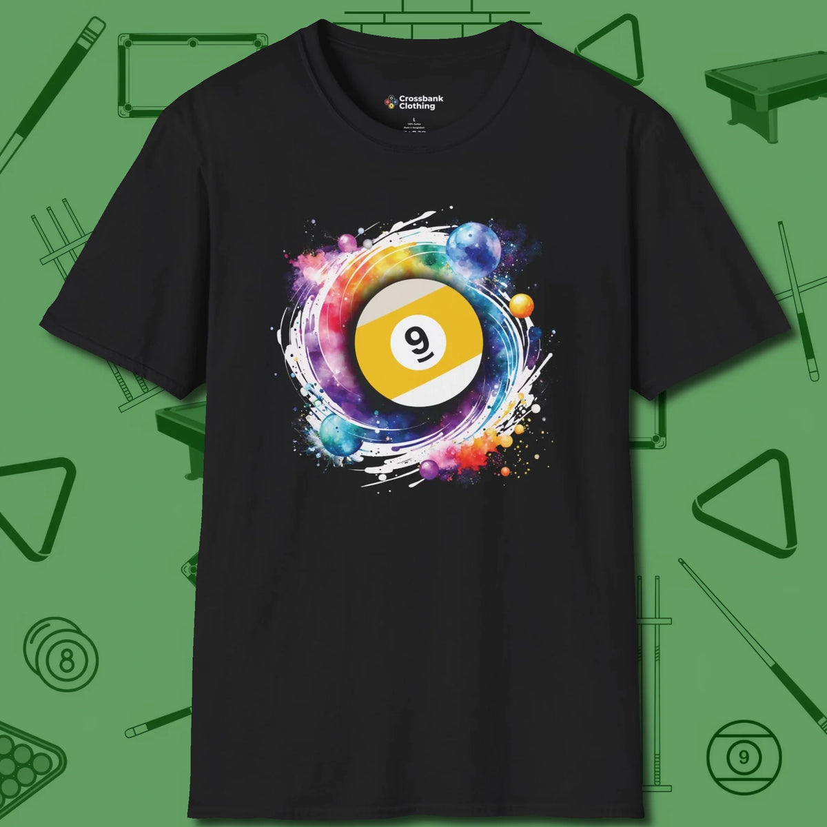 Nine Ball Galaxy T-Shirt, front view, in Black precise, confident, always in control