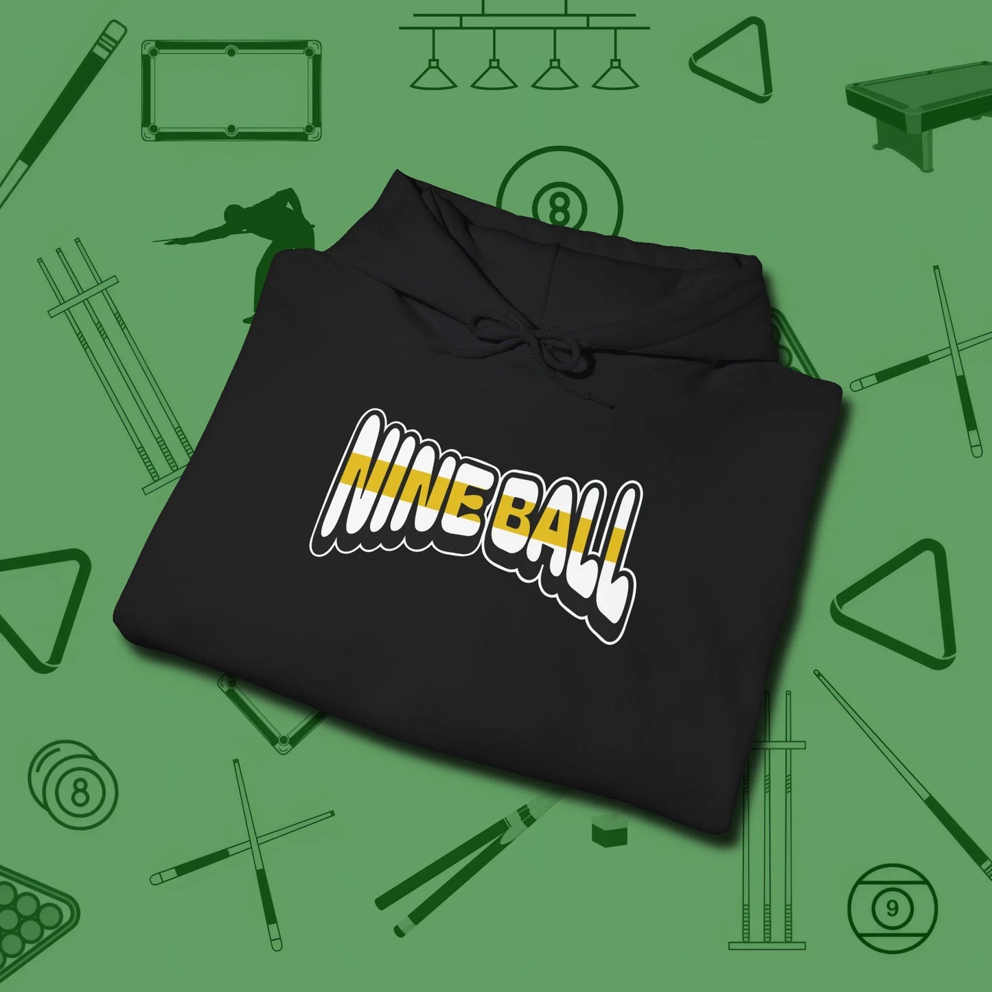 Nine Ball Letters Hoodie, folded view, in Black cool enough for a corner pocket finish