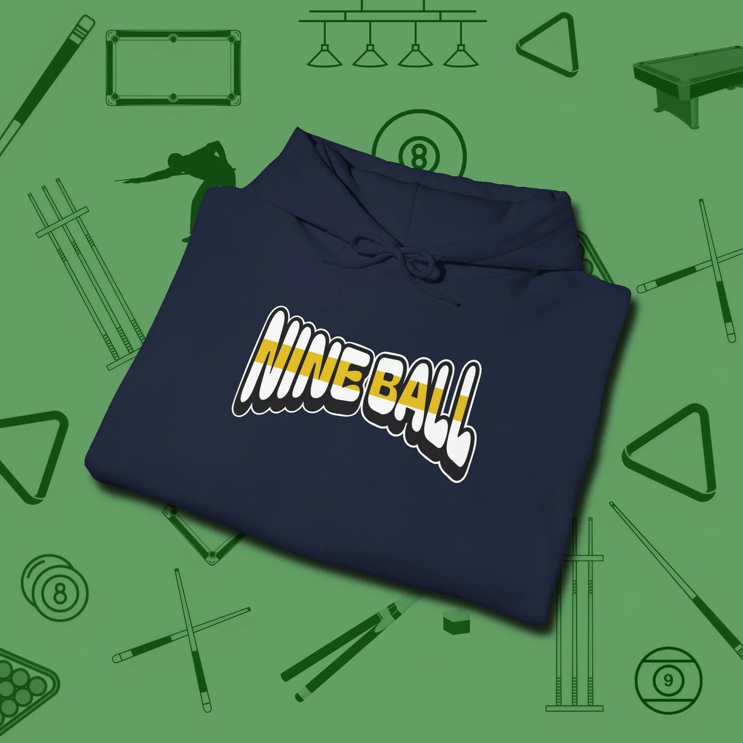 Nine Ball Letters Hoodie, folded view, in Navy your go-to shirt for league night victories