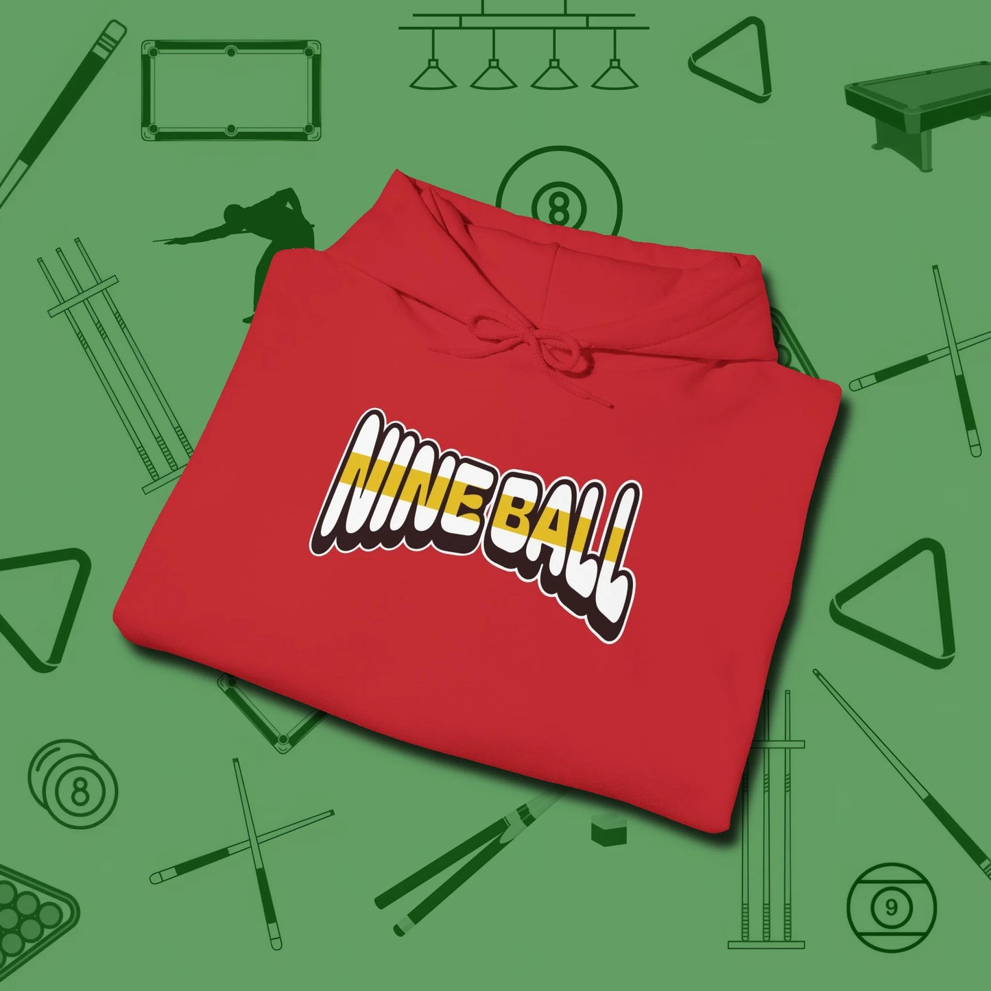 Nine Ball Letters Hoodie, folded view, in Red play in style, win in silence