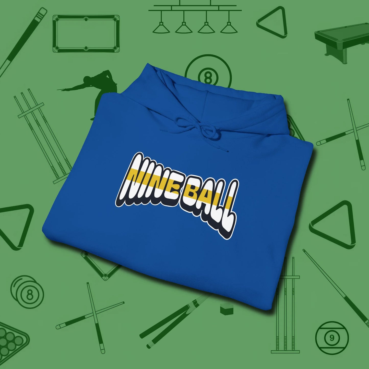 Nine Ball Letters Hoodie, folded view, in Royal like your stroke — smooth and deliberate