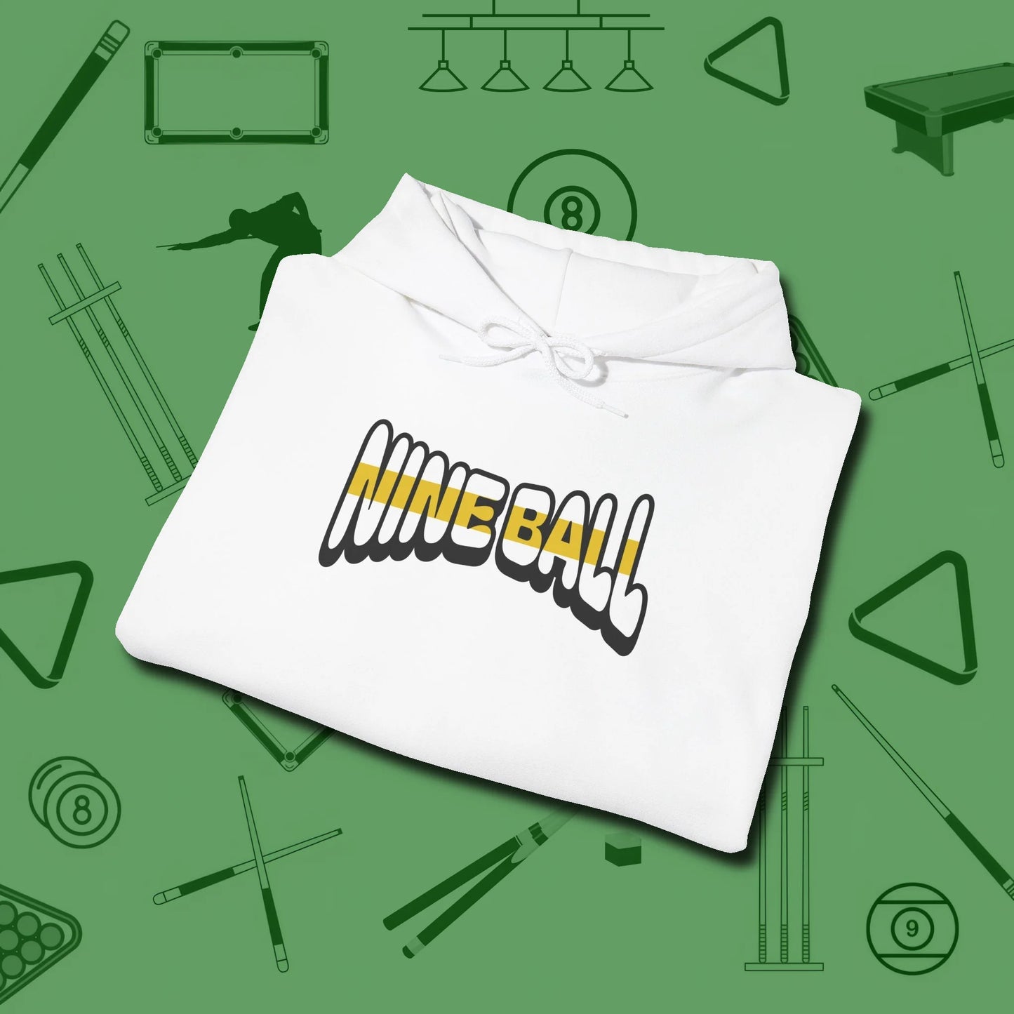 Nine Ball Letters Hoodie, folded view, in White cool enough for a corner pocket finish