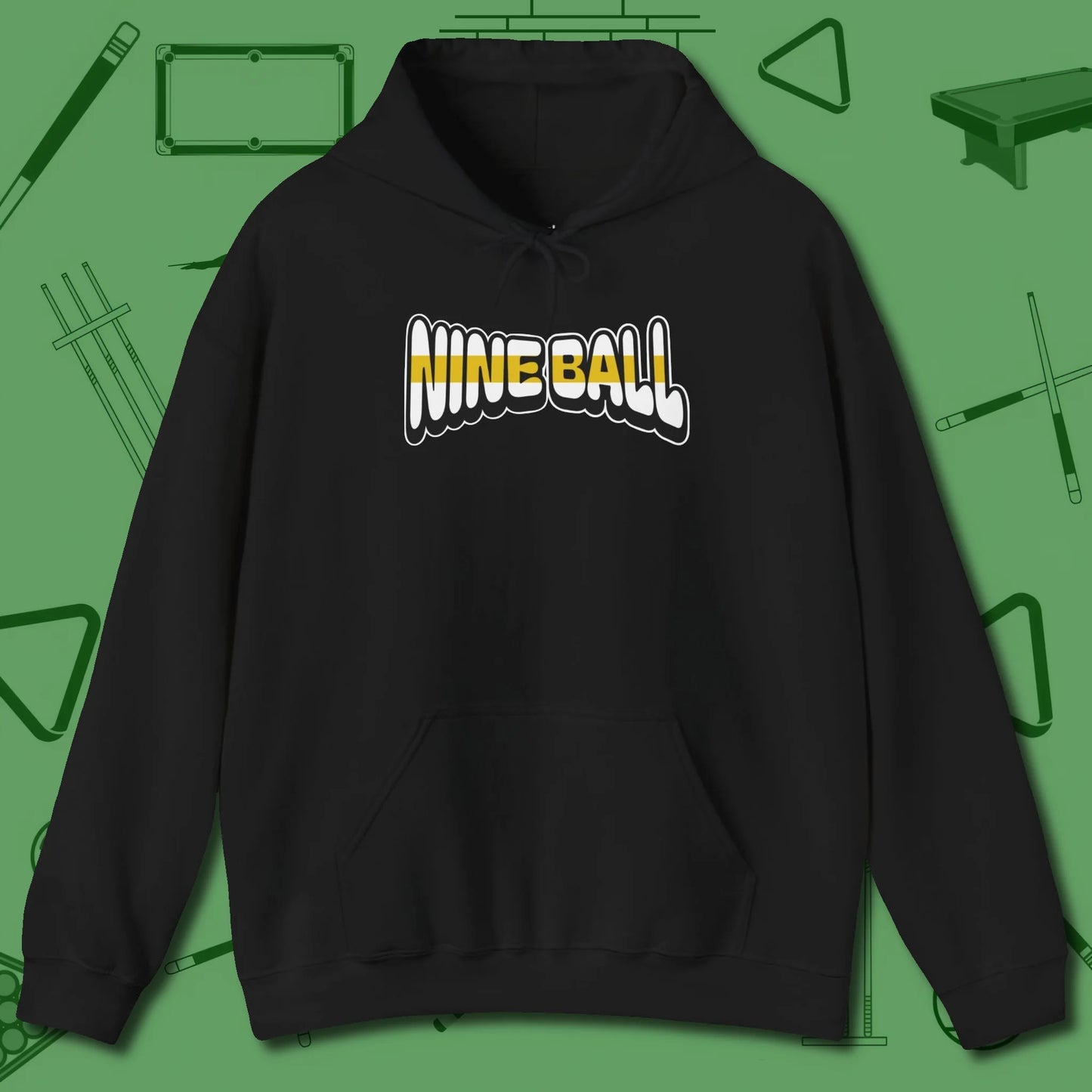 Nine Ball Letters Hoodie, front view, in Black put your best game on display