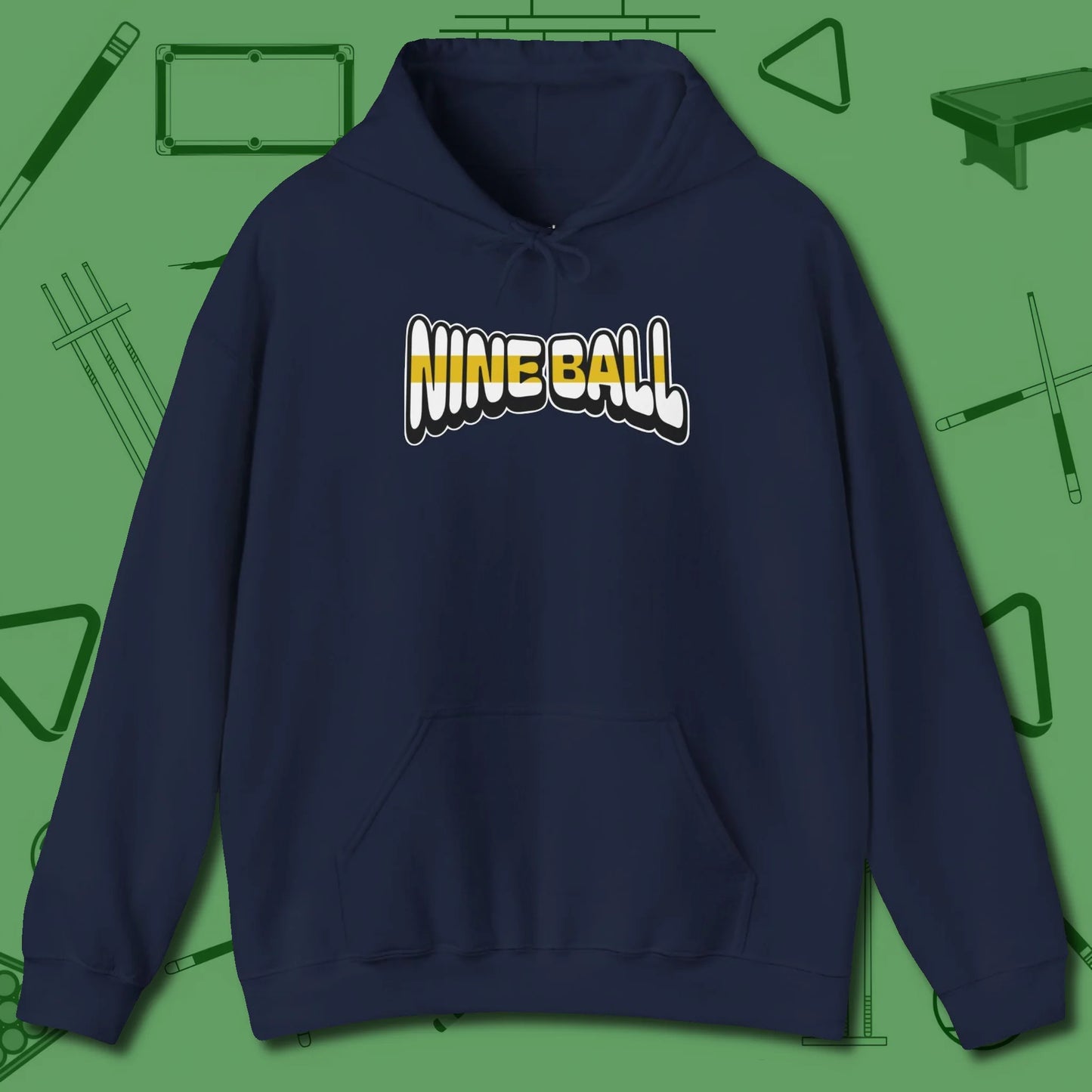 Nine Ball Letters Hoodie, front view, in Navy cue up respect every time you wear it