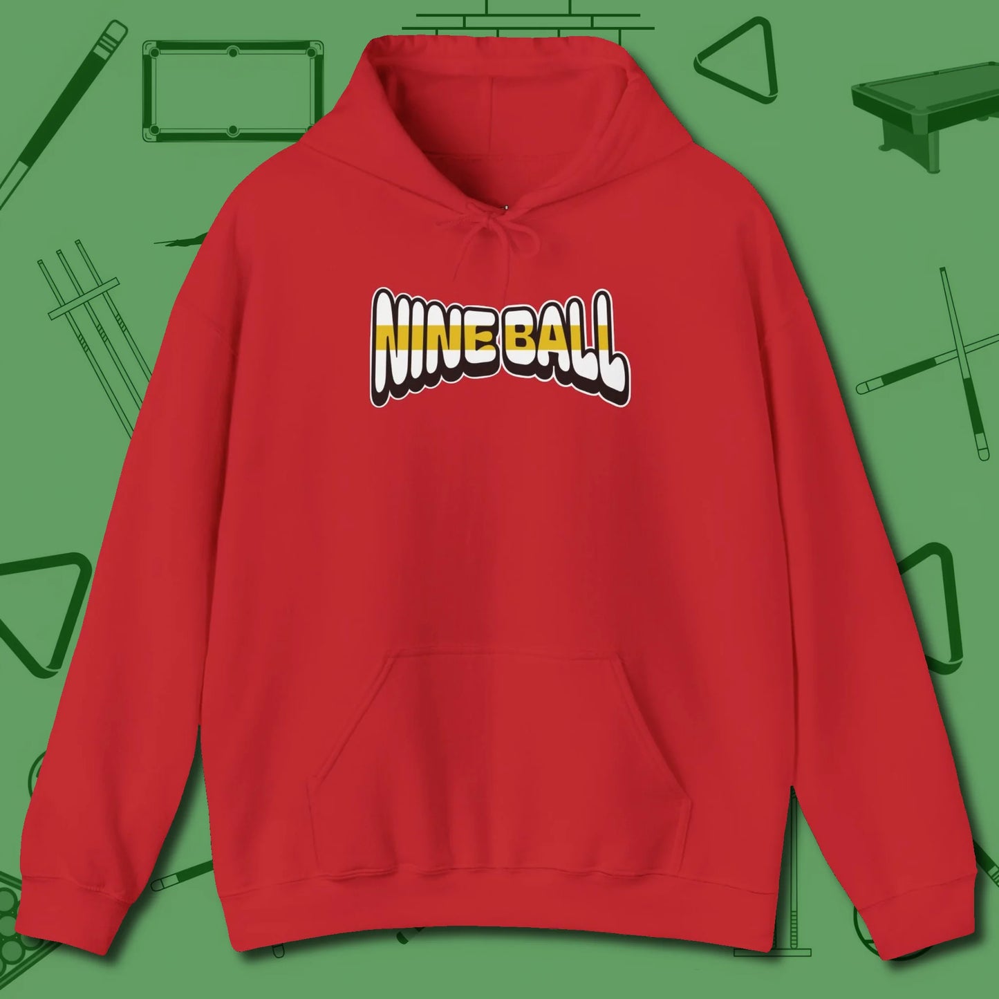 Nine Ball Letters Hoodie, front view, in Red for hustlers who keep it honest