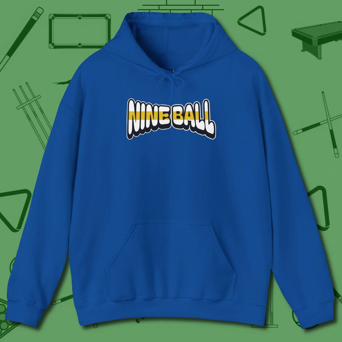 Nine Ball Letters Hoodie, front view, in Royal like your stroke — smooth and deliberate