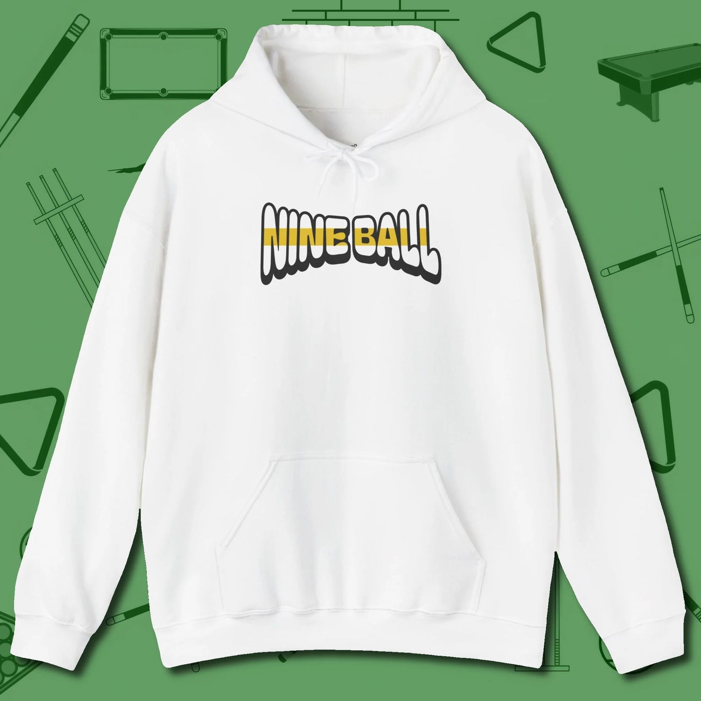 Nine Ball Letters Hoodie, front view, in White tough like your favorite break cue