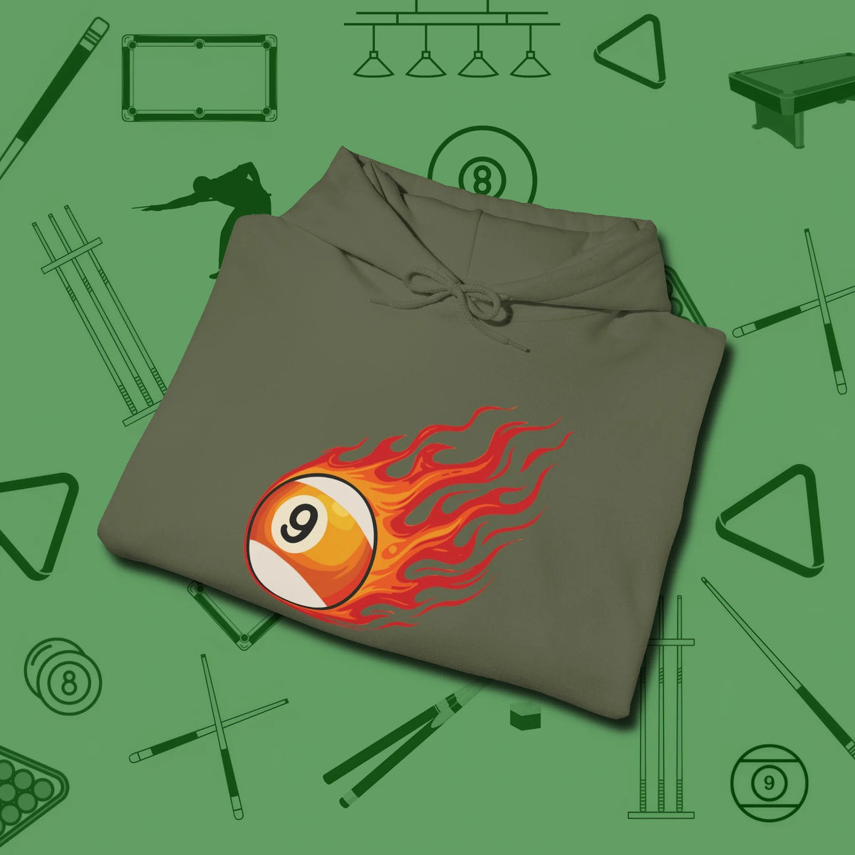 Nine Ball Inferno Hoodie, folded view, in Military Green because you don’t just play — you represent