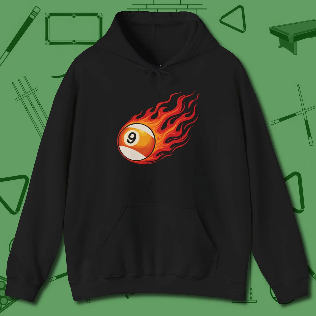 Nine Ball Inferno Hoodie, front view, in Black because you don’t just play — you represent