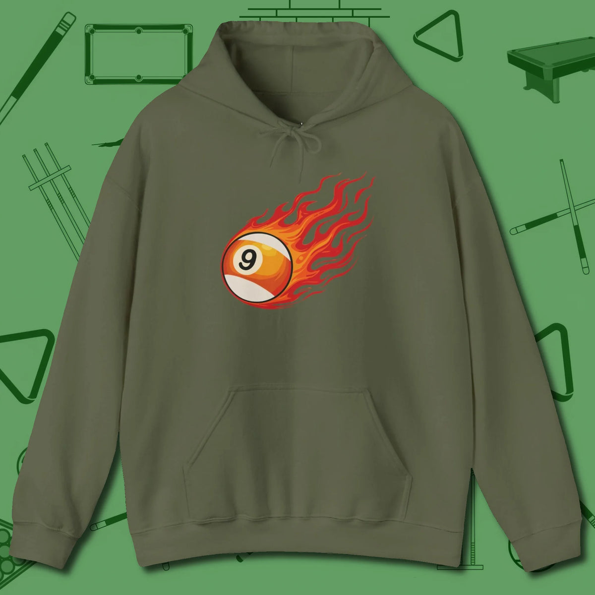 Nine Ball Inferno Hoodie, front view, in Military Green because the table is your battlefield