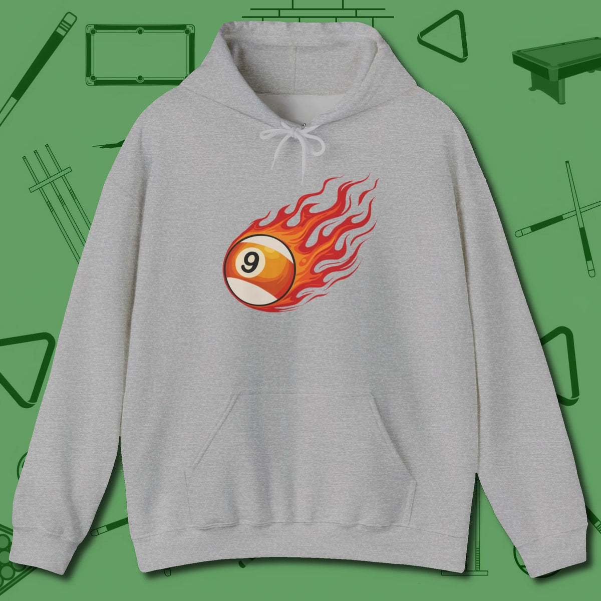Nine Ball Inferno Hoodie, front view, in Sport Grey because you don’t just play — you represent