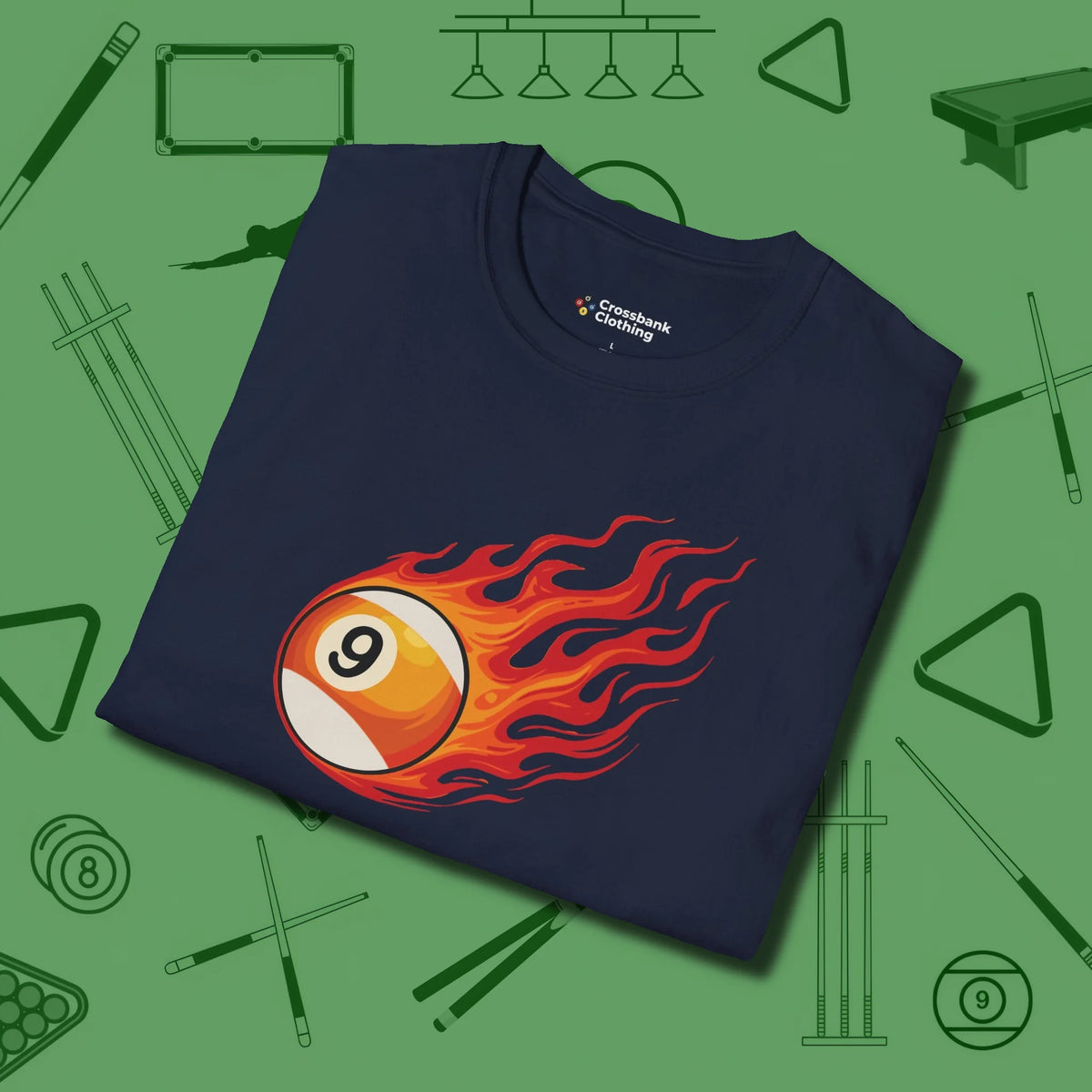 Nine Ball Inferno T-Shirt, folded view, in Navy helps your stroke and your style