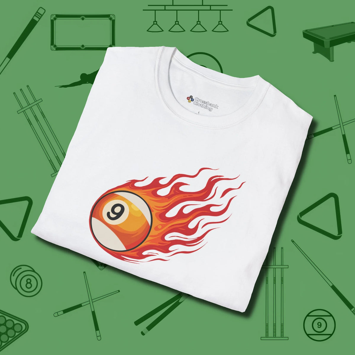 Nine Ball Inferno T-Shirt, folded view, in White tough like your favorite break cue