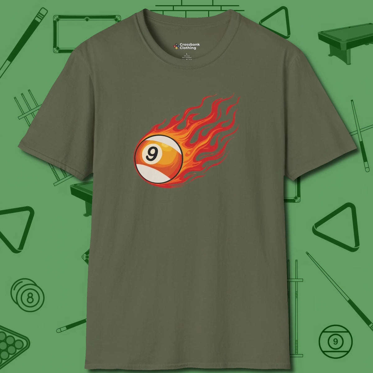 Nine Ball Inferno T-Shirt, front view, in Military Green make every shot — and outfit — count