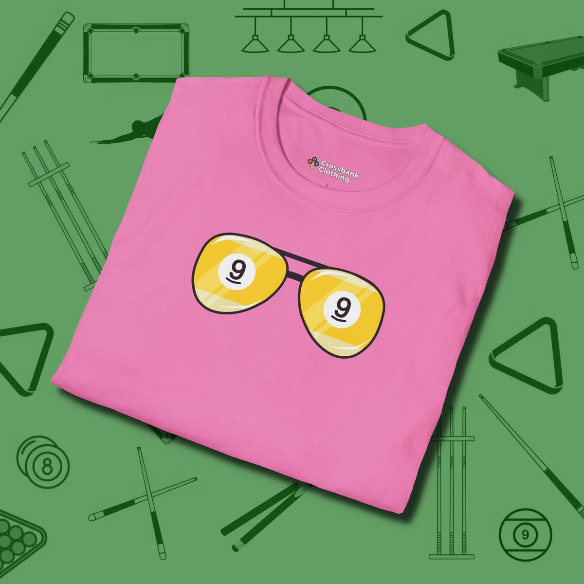 Nine Ball Shades T-Shirt, folded view, in Azalea fashion with break-and-run energy