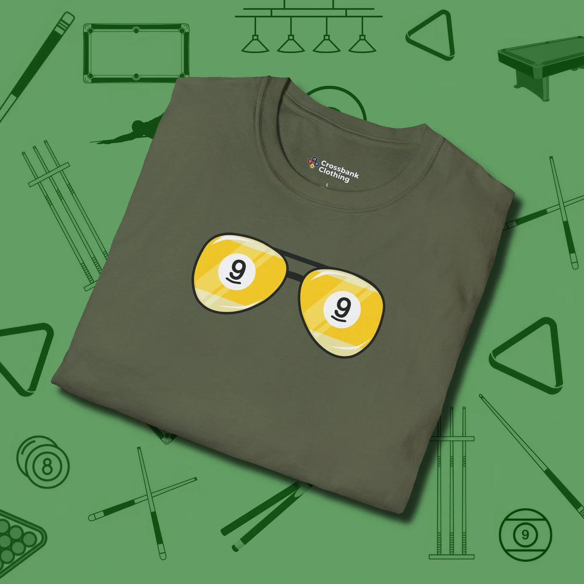 Nine Ball Shades T-Shirt, folded view, in Military Green stitched for cue discipline and cool confidence