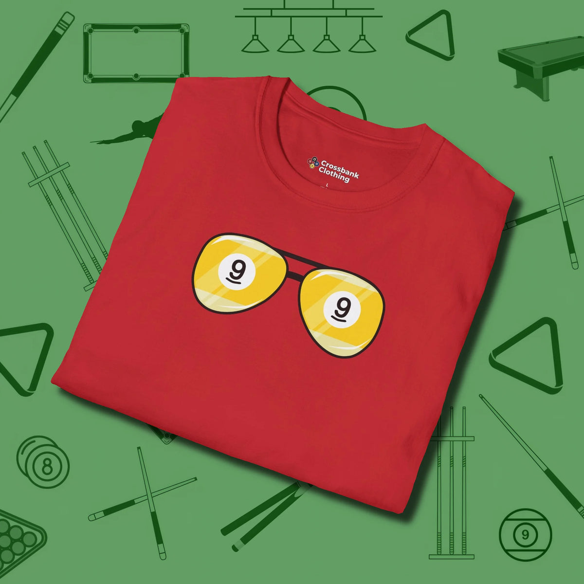 Nine Ball Shades T-Shirt, folded view, in Red fashion with break-and-run energy
