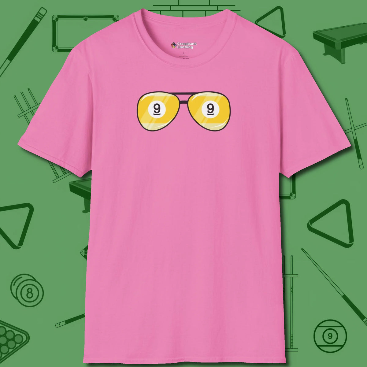 Nine Ball Shades T-Shirt, front view, in Azalea cue sports swagger done right